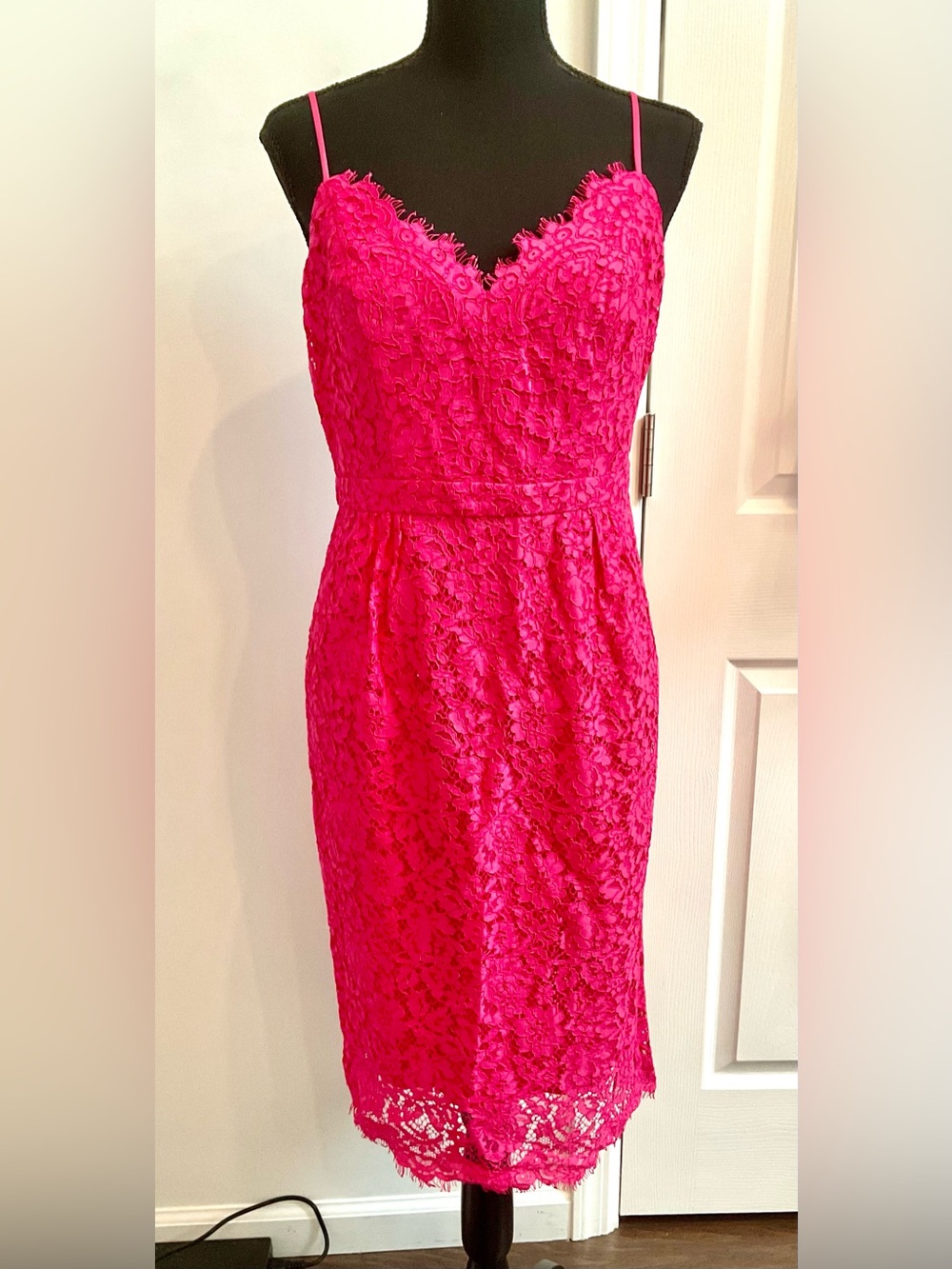 Elegant Fuchsia Lace Sheath Dress - Spaghetti Straps
